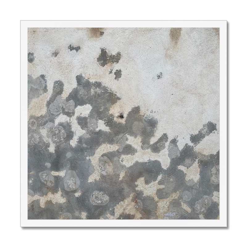 Photo of weathered grey blotching pattern on a concrete wall resembling bed bug markings, in a white 20x20” white frame.