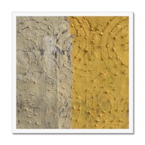 A white-framed 20x20 photograph of a two-tone wall features a half-yellow and half-beige stucco, with subtle swirling stone inlay pattern.