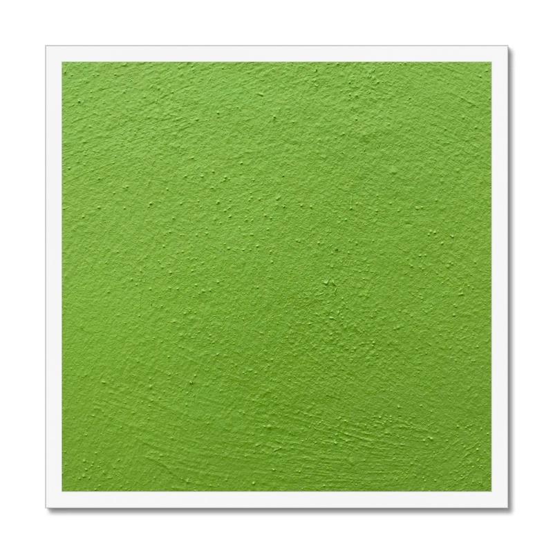 A framed 20x20" printed photo of a vibrant monochromatic lime green stucco wall in Mexico.