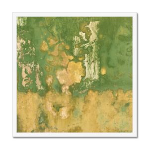 Abstract photo of a wall in Mexico that resembles the earthy yellow and green tones of maize, mounted in a white picture frame as wall art.