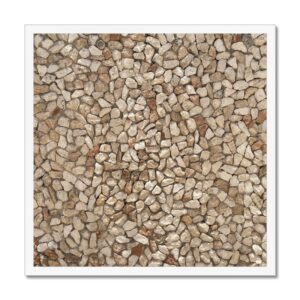 An earthy mosaic-like pattern of tightly packed stones mounted in a 20x20" white picture frame.