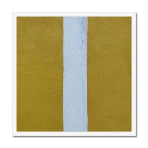 Framed 20x20” picture of a single white stripe running vertically through the center of a yellow square like a beam of sun.