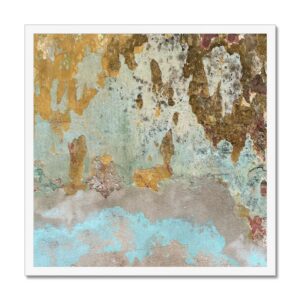 Rich abstract palette with earthy tones and hints of pastel mounted in a white 20x20” frame.